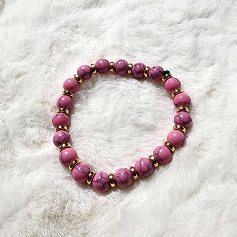 Elegant Handmade Elastic Pink Marbled and Gold Bracelet